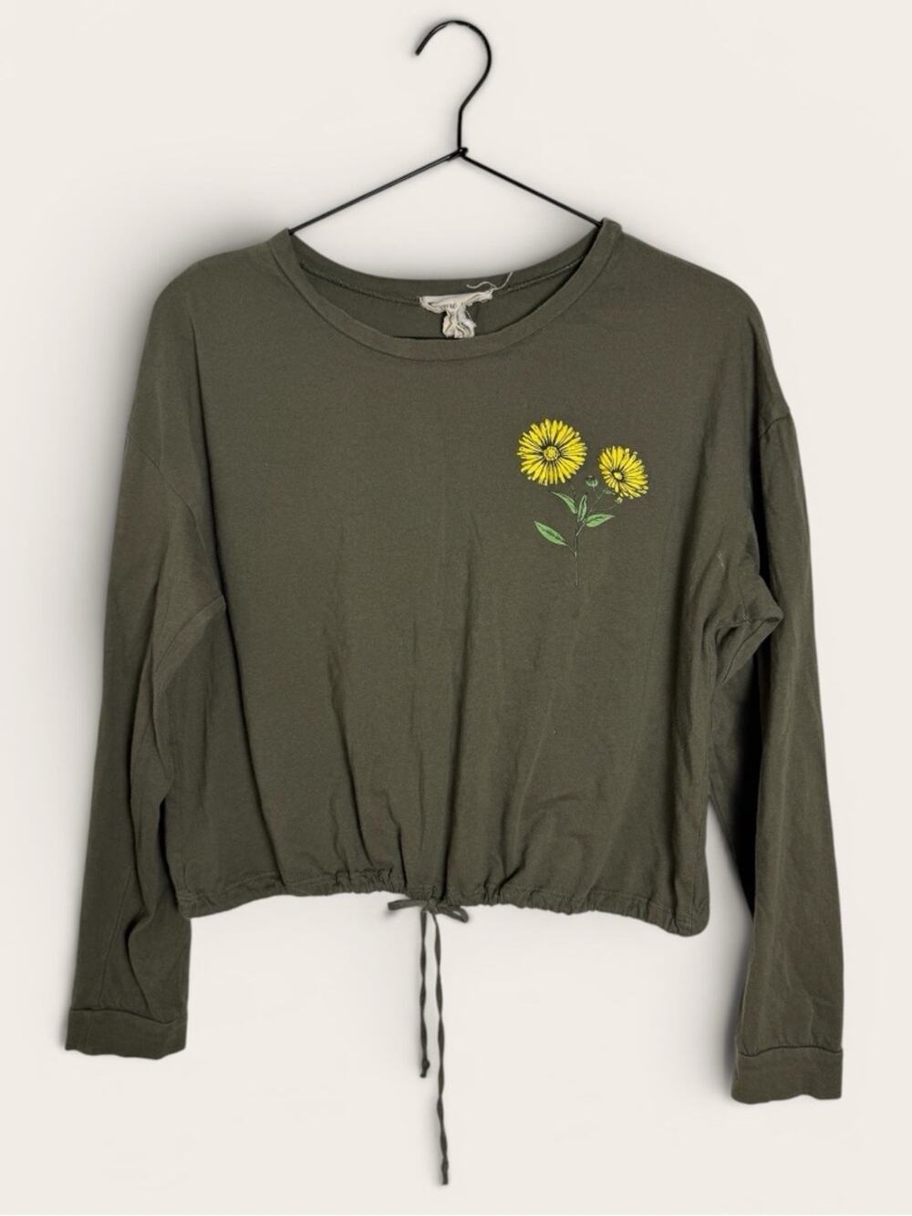 French Pastry Olive Green Long Sleeve Tee with Flower Drawstring Waist